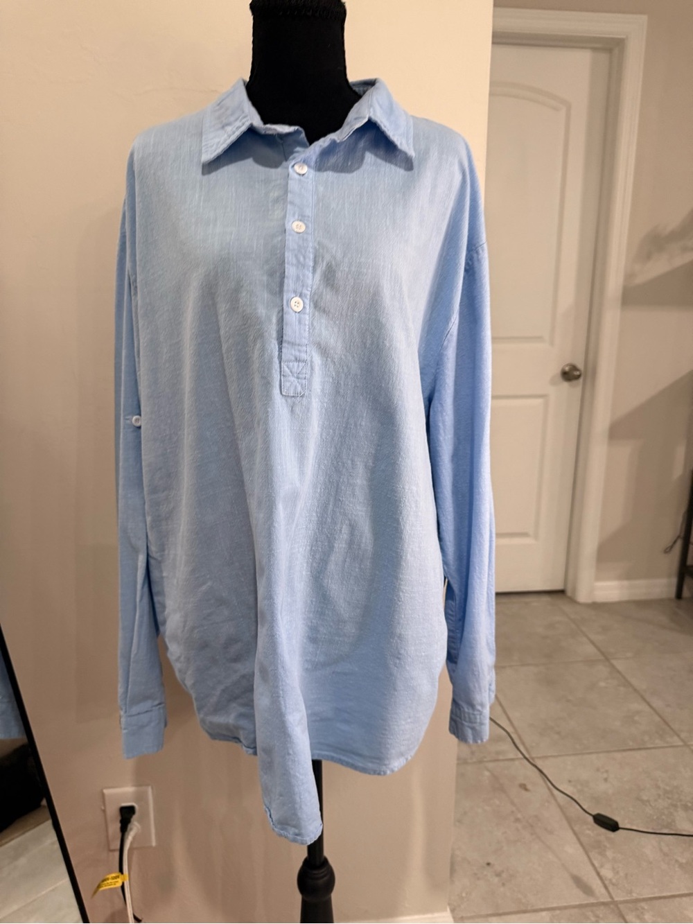 Cotton/Linen Casual Light Blue Button-Down Pullover Womens 3X Shirt
